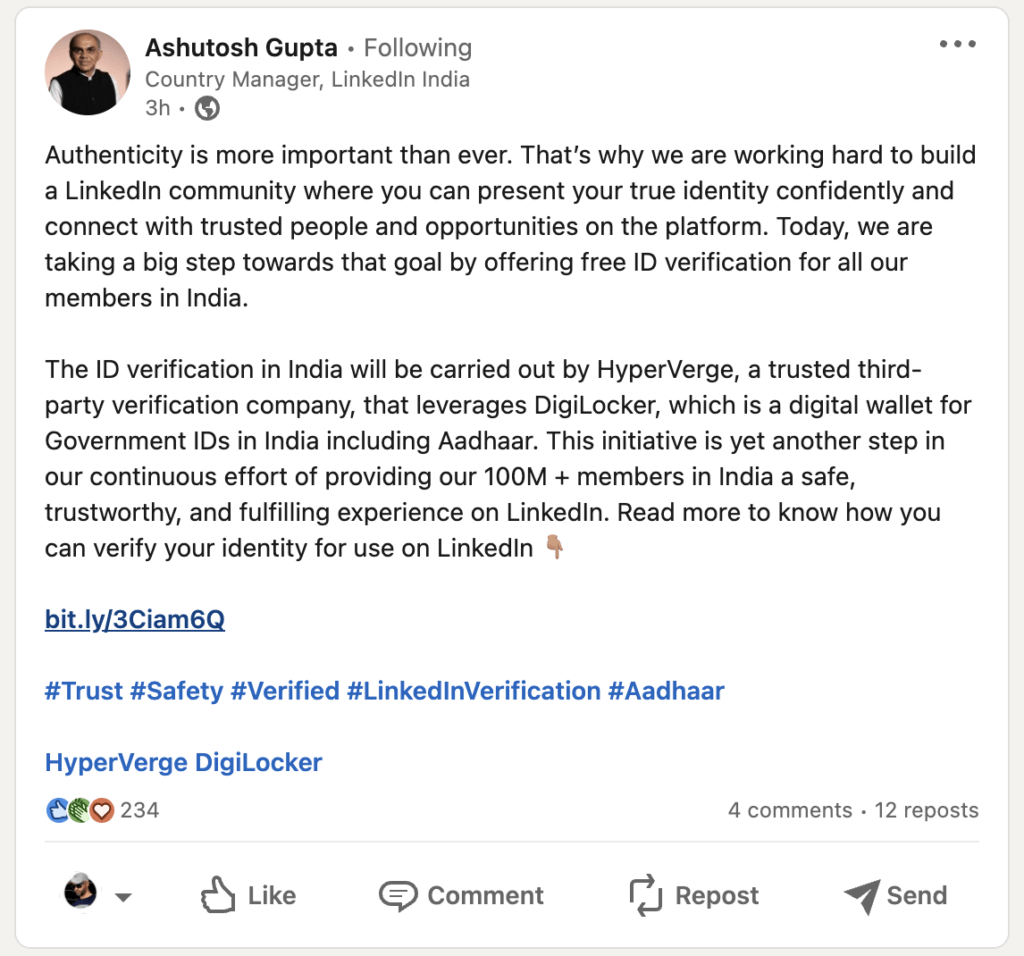 Ashutosh Gupta Country Manager, LinkedIn India announced about LinkedIn's New ID Verification Feature for Indian Members: Building Trust and Authenticity